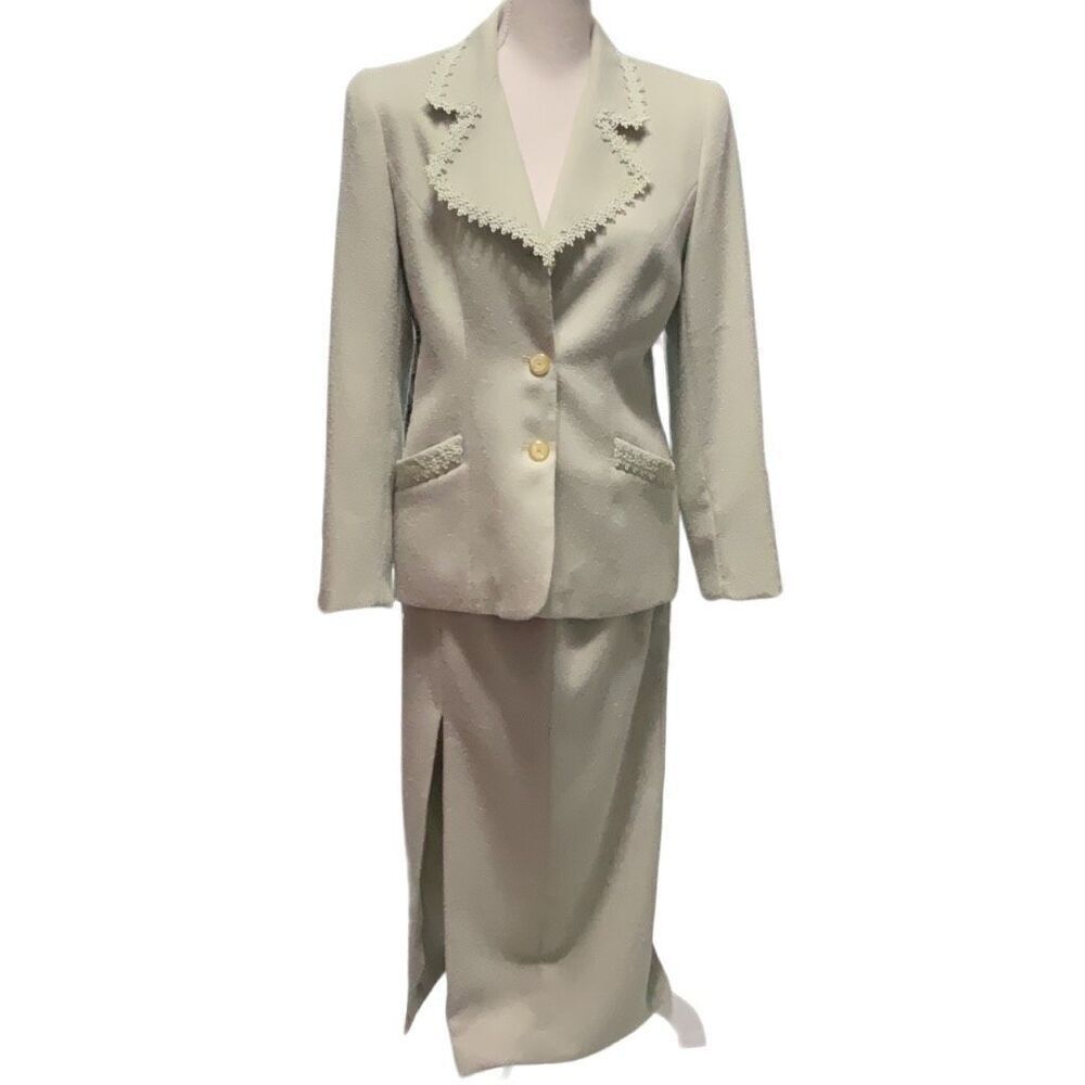 Visage Royal Vintage Lt Green 2 pc Maxi Skirt Jacket Suit Set Embroidered Trim 6